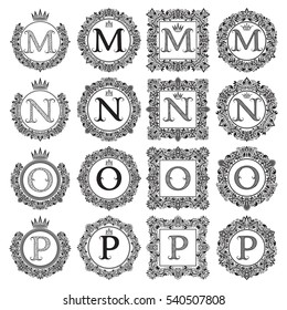 Vintage monograms set of M, N, O, P letter. Heraldic coats of arms in wreaths, round and square frames. Black symbols on white.
