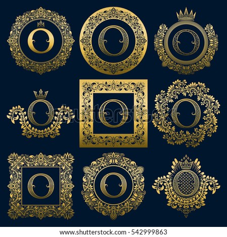 Vintage monograms set of O letter. Golden heraldic logos in wreaths, round and square frames.
