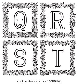 Vintage monograms set. Q, R, S, T outline letters in square floral frames.