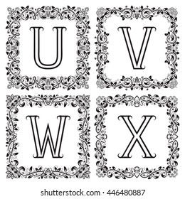Vintage monograms set. U, V, W, X outline letters in square floral frames.