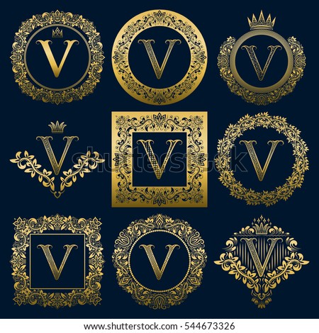 Vintage monograms set of V letter. Golden heraldic logos in wreaths, round and square frames.