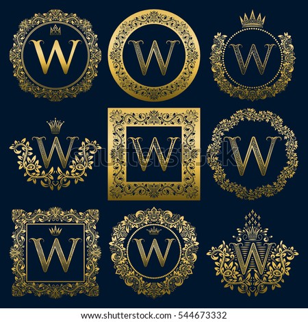 Vintage monograms set of W letter. Golden heraldic logos in wreaths, round and square frames.