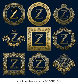 Vintage monograms set of Z letter. Golden heraldic logos in wreaths, round and square frames.