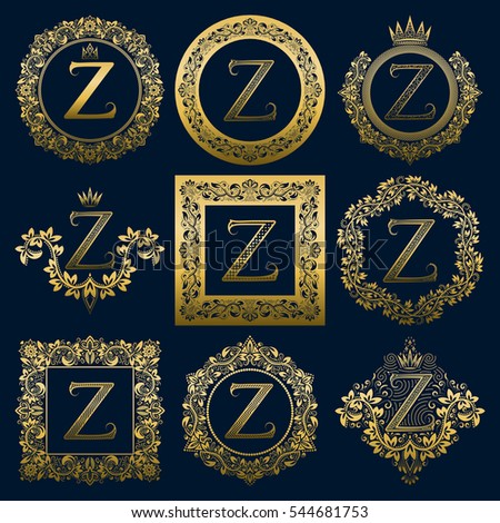 Vintage monograms set of Z letter. Golden heraldic logos in wreaths, round and square frames.