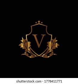 Vintage monograms V letter. Golden heraldic letter logos