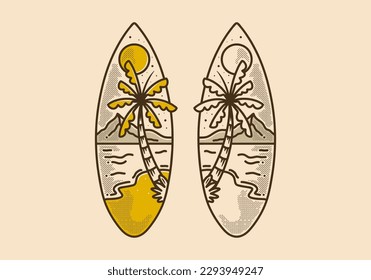 Vintage monoline design of beach view in surf board shape