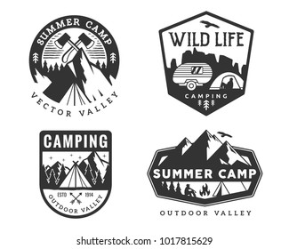 Vintage Monotone Wildlife Summer Camp Camping Activities Logo Badge Illustration