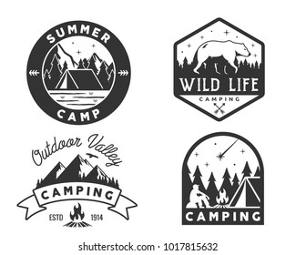 Vintage Monotone Wildlife Summer Camp Camping Activities Logo Badge Illustration