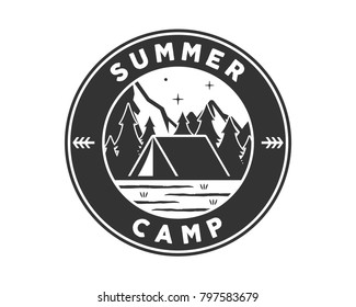 Vintage Monotone Wildlife Summer Camp Camping Activities Logo Badge Illustration