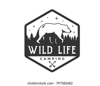 Vintage Monotone Wildlife Summer Camp Camping Activities Logo Badge Illustration