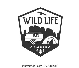 Vintage Monotone Wildlife Summer Camp Camping Activities Logo Badge Illustration