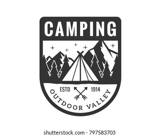 Vintage Monotone Wildlife Summer Camp Camping Activities Logo Badge Illustration