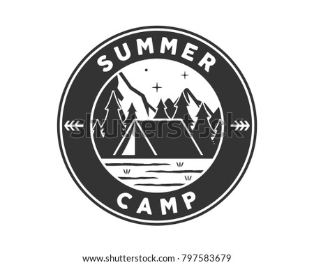 Vintage Monotone Wildlife Summer Camp Camping Activities Logo Badge Illustration