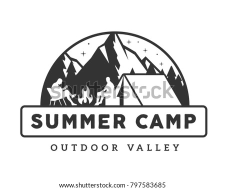 Vintage Monotone Wildlife Summer Camp Camping Activities Logo Badge Illustration