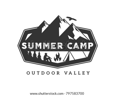 Vintage Monotone Wildlife Summer Camp Camping Activities Logo Badge Illustration