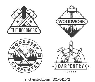 Vintage Monotone Woodwork Carpentry Logo Badge Illustration Set