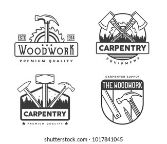 Vintage Monotone Woodwork Carpentry Logo Badge Illustration Set