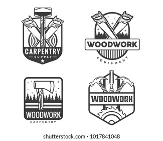 Vintage Monotone Woodwork Carpentry Logo Badge Illustration Set