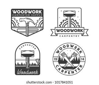 Vintage Monotone Woodwork Carpentry Logo Badge Illustration Set