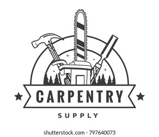 Vintage Monotone Woodwork Carpentry Logo Badge Illustration