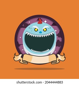 Vintage Monster Head Circle Label With Creepy Gnome Design. Vector and illustration