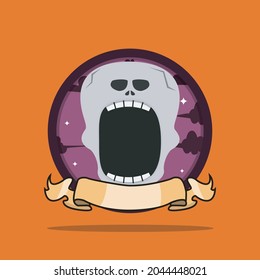 Vintage Monster Head Circle Label With Skeleton Design. Vector and illustration