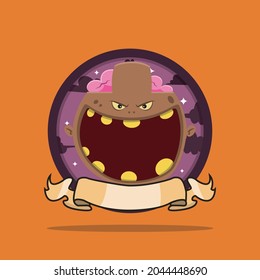 Vintage Monster Head Circle Label With Brown Zombie Design. Vector and illustration