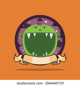 Vintage Monster Head Circle Label With Goblin Design. Vector and illustration