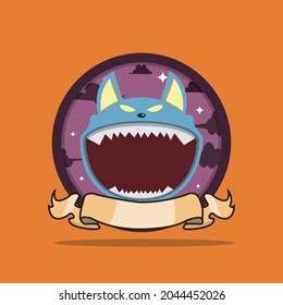 Etiqueta De Círculo De Cabeza De Monstruo Vintage Con Diseño De Lobo. Vector e ilustración