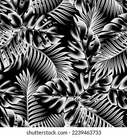 vintage monstera palm leaves seamless pattern on dark background. tropical seamless background. interior design decorative. fashionable print texture. Exotic wallpaper. coconut branches. summer. fall
