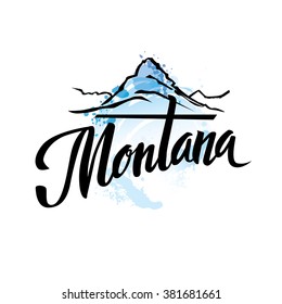 Vintage Montana USA State letterng logo vector illustration with watercolor elements.. Bearhat Mountain rises above Hidden Lake in Glacier National Park, Montana, USA