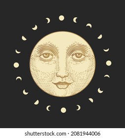 Vintage Moon Face With Moon Phases, Vector Engraving