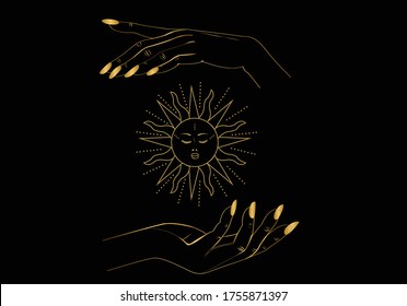 vintage moon fortune teller sun yellow design hand drawn mystic arts   mysticorde