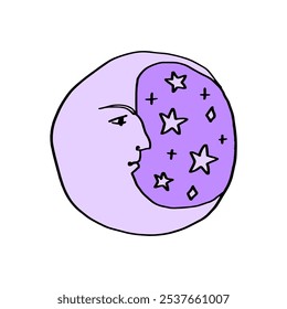 Vintage moon and stars astrology and astronomy 90s style doodle stellar character concept. Hand-drawn antique design element, sticker, clipart and more.