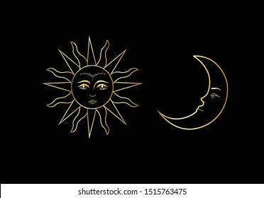 Vintage moon and sun hand drawing vintage 