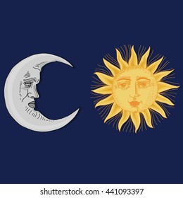 Vintage moon and sun illustration