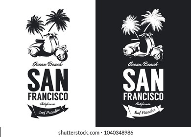 Vintage moped bikers club black and white isolated vector t-shirt logo. Premium quality scooter tee-shirt emblem illustration. San Francisco, California street wear retro hipster tee print design.