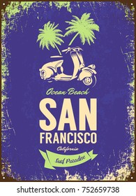 Vintage moped bikers club vector t-shirt logo isolated on dark background. Premium quality scooter logotype tee-shirt emblem illustration. San Francisco, California street wear retro tee print design.