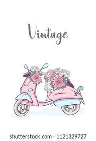 Vintage moped on a city street. Bouquet of flowers, roses and peonies. Transport. Vector illustration, retro.
