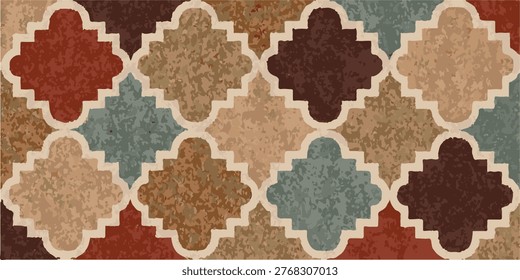 Vintage Moroccan geometric tile pattern with ornamental quatrefoil shapes in warm earthy tones. Decorative seamless background featuring rustic textures in brown, beige, red, and muted blue, perfect for interior design, ceramic tiles, wallpapers, and textile prints.