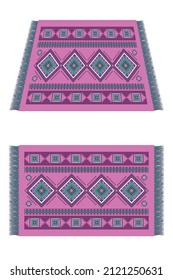 Vintage Moroccan rug with patterns. Berber colored carpet. Rich ornament for fabric design, handmade, interior decoration, textiles. Pink background.