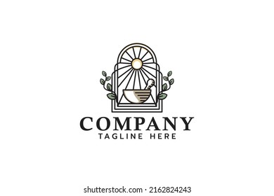 vintage mortar and pestle logo with linear style.