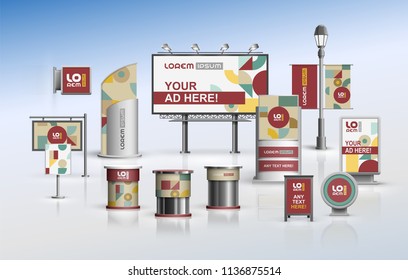 Vintage mosaic outdoor advertising design for corporate identity with color art geometric figures. Stationery set