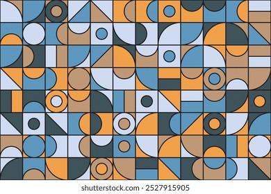 Vintage mosaic pattern with circles and triangles in blue, orange, brown, and beige, creating a decorative and seamless design