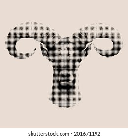 Vintage mosaic portrait of a mountain goat male. Big rounded horns of wild hoofed animal. Vector illustration