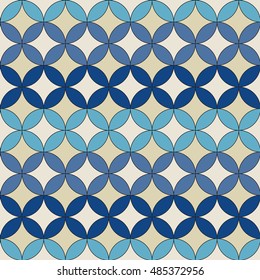 Vintage mosaic seamless pattern. Overlapping circles. Blue and Beige abstract.