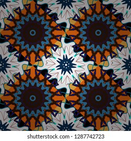 Vintage mosaics. Ethnic motif. Seamless pattern in blue, white and brown colors. Vector illustration.