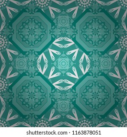 Vintage mosaics. Ethnic motif. Vector illustration. Seamless pattern in blue, white and green colors.
