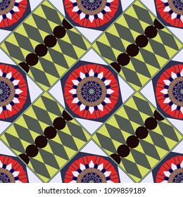 Vintage mosaics. Seamless pattern in red, blue and yellow colors. Raster illustration. Ethnic motif.