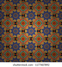 Vintage mosaics. Seamless pattern in yellow, violet and orange colors. Ethnic motif. Vector illustration.